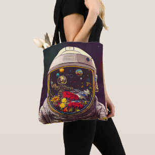 Colourful Astronaut in Space with Flowers Artwork Tote Bag