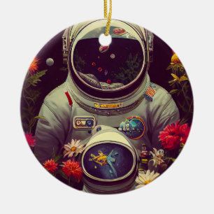 Colourful Astronauts in Space with Flowers Artwork Ceramic Tree Decoration