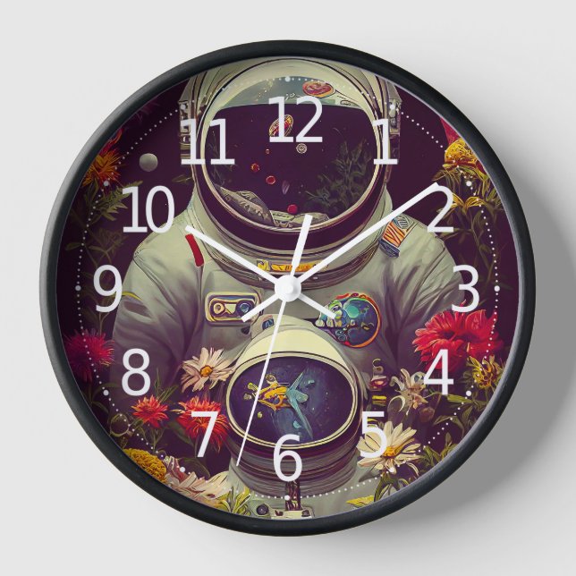 Colourful Astronauts in Space with Flowers Artwork Clock (Front)