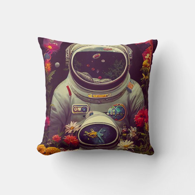 Colourful Astronauts in Space with Flowers Artwork Cushion (Front)