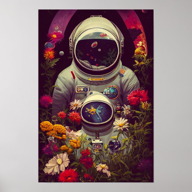 Colourful Astronauts in Space with Flowers Artwork Poster (Front)