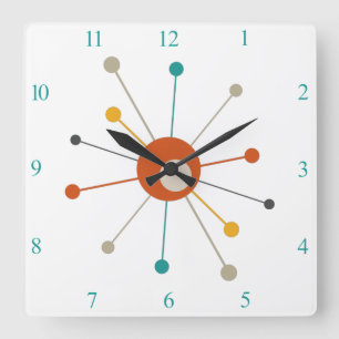 Colourful Atomic Age Starburst Numbers Mid Century Square Wall Clock