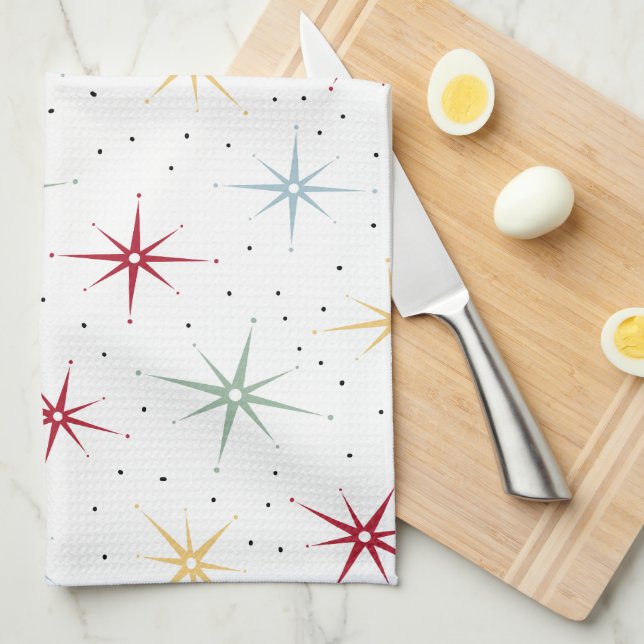 Colourful Atomic Starburst Mid-century Pattern Tea Towel (Quarter Fold)