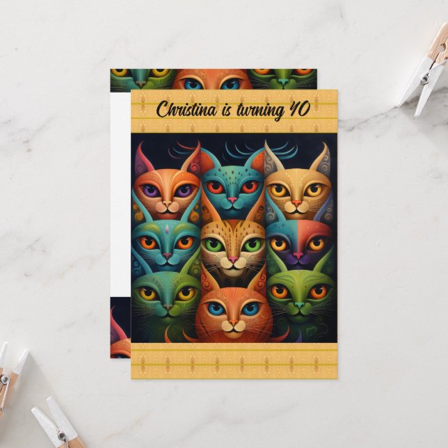 Colourful Attitude Cat Birthday Invitation (Front/Back In Situ)