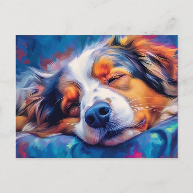 Colourful Australian Shepherd sleeping Postcard (Front)