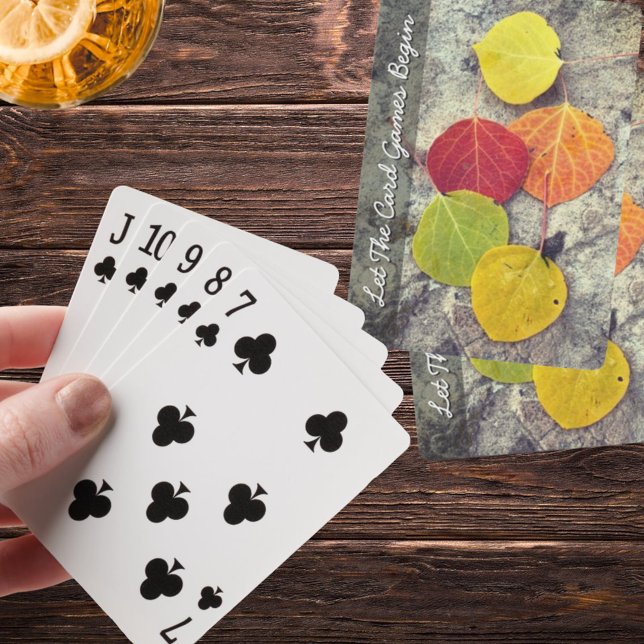 Colourful Autumn Aspen Leaves Photo Personalised Playing Cards (Fall color Aspen leaves & template text on playing card backs)