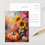 Colourful Autumn Floral and Pumpkins Postcard<br><div class="desc">A vibrant, modern abstract painting showcasing a playful arrangement of pumpkins, sunflowers, and other fall foliage. Rich autumn hues like burnt orange, deep reds, pinks and golden yellows blend with soft brushstrokes and bold splashes of colour. The abstract style adds a contemporary flair to the traditional fall harvest theme, capturing...</div>