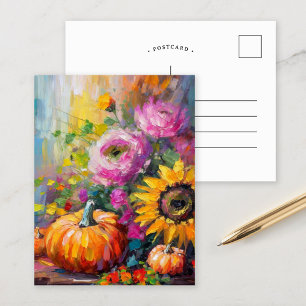 Colourful Autumn Floral and Pumpkins Postcard