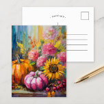 Colourful Autumn Floral and Pumpkins Postcard<br><div class="desc">A vibrant, modern abstract painting showcasing a playful arrangement of pumpkins, sunflowers, and other fall foliage. Rich autumn hues like burnt orange, deep reds, pinks and golden yellows blend with soft brushstrokes and bold splashes of colour. The abstract style adds a contemporary flair to the traditional fall harvest theme, capturing...</div>