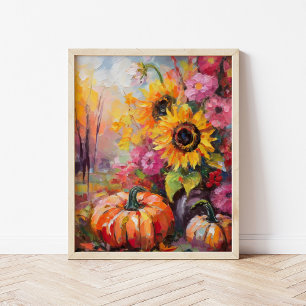 Colourful Autumn Floral and Pumpkins Poster