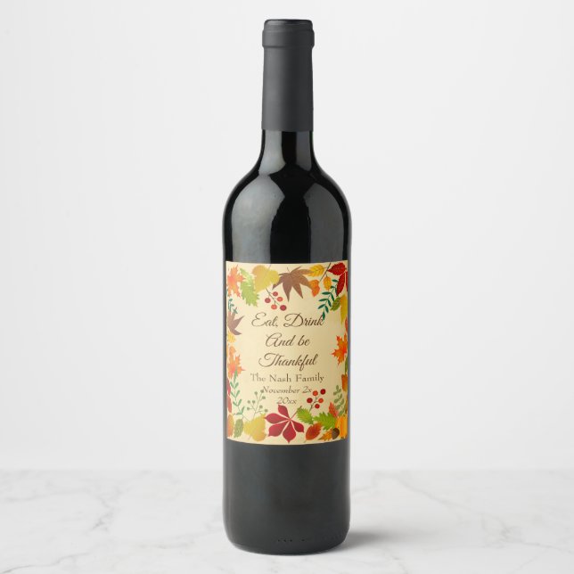 Colourful Autumn Foliage For Thanksgiving Wine Label (Front)