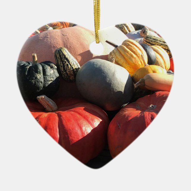 Colourful Autumn Gourds and Pumpkins Heart Ceramic Tree Decoration (Front)
