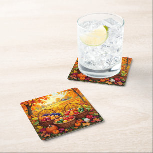 Colourful Autumn Harvest Baskets Square Paper Coaster