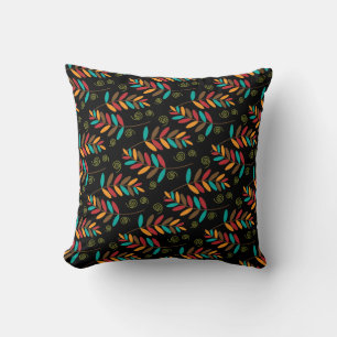 Colourful Autumn Leaf Pattern on Black Cushion