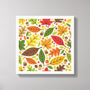 Colourful Autumn Leaves and Acorns Pattern Canvas Print