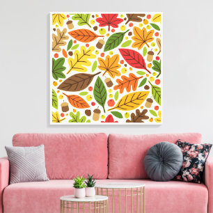 Colourful Autumn Leaves and Acorns Pattern Canvas Print