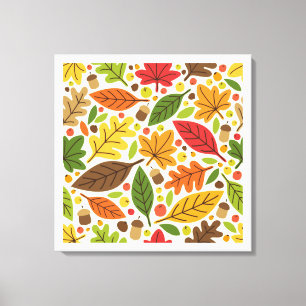 Colourful Autumn Leaves and Acorns Pattern Canvas Print