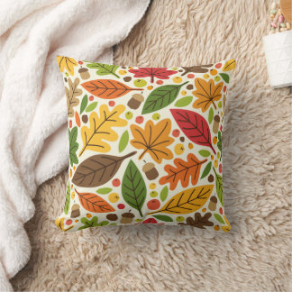 Colourful Autumn Leaves and Acorns Pattern Cushion