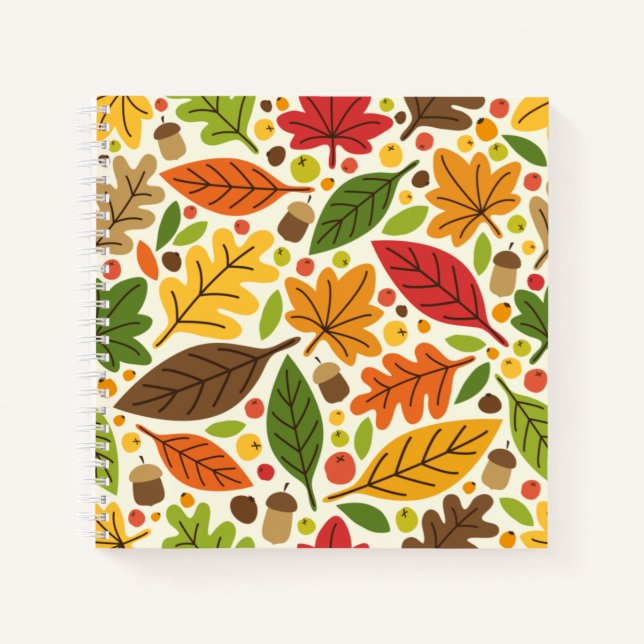 Colourful Autumn Leaves and Acorns Pattern Notebook (Front)