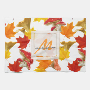 Colourful Autumn Leaves and Mushrooms Monogram Tea Towel