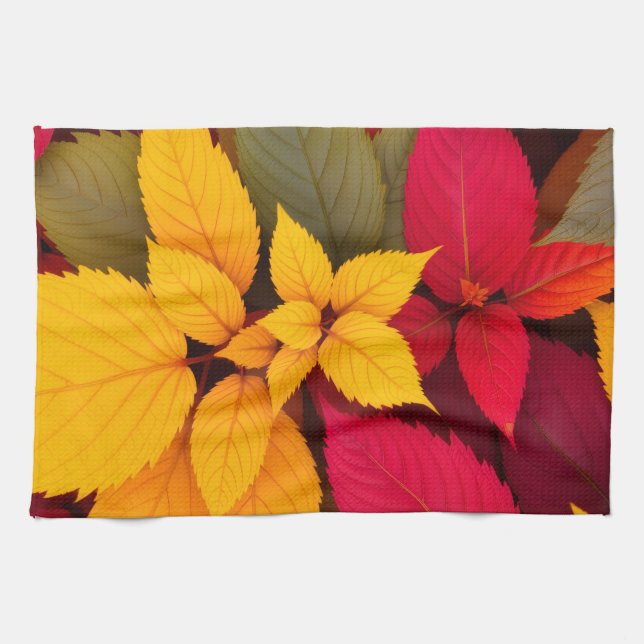Colourful Autumn Leaves Botanical Design Tea Towel (Horizontal)