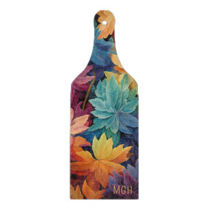 Colourful Autumn Leaves Custom Monogram Cutting Board