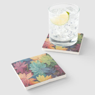Colourful Autumn Leaves Custom Monogram Stone Coaster