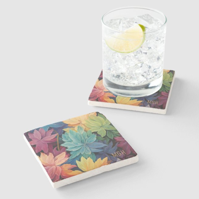 Colourful Autumn Leaves Custom Monogram Stone Coaster (Side)