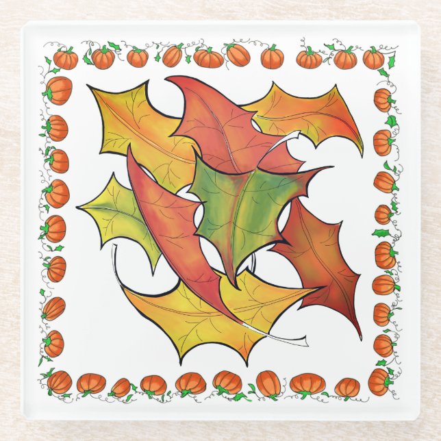 Colourful Autumn Leaves Fall Pumpkins Glass Coaster (Front)