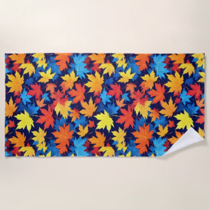Colourful Autumn Leaves On Dark Blue Background Beach Towel