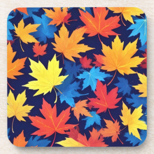 Colourful Autumn Leaves On Dark Blue Background Coaster