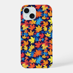 Colourful Autumn Leaves On Dark Blue Background iPhone 15 Case