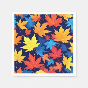 Colourful Autumn Leaves On Dark Blue Background Napkin