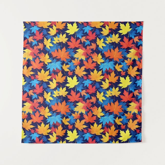 Colourful Autumn Leaves On Dark Blue Background Tapestry (Front)