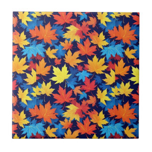Colourful Autumn Leaves On Dark Blue Background Tile