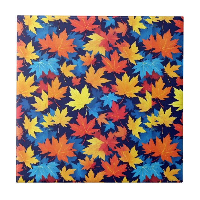 Colourful Autumn Leaves On Dark Blue Background Tile (Front)