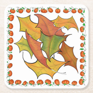 Colourful Autumn Leaves Pumpkins Party Square Paper Coaster