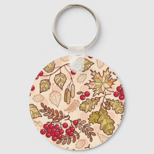 Colourful Autumn Leaves Red Berries Pattern Key Ring