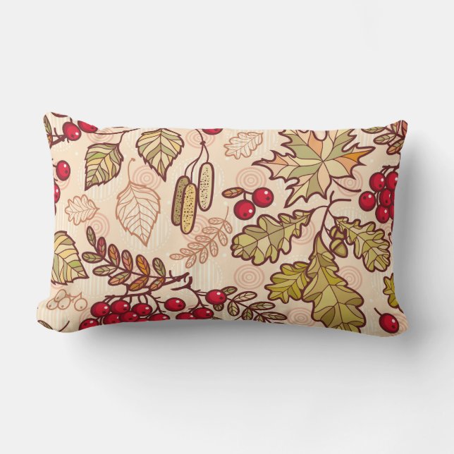 Colourful Autumn Leaves Red Berries Pattern Lumbar Cushion (Front)