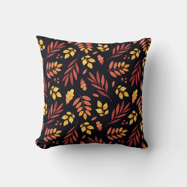 Colourful Autumn Leaves Watercolor Pattern Cushion (Front)