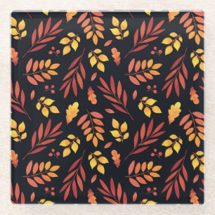 Colourful Autumn Leaves Watercolor Pattern Glass Coaster