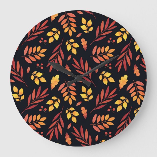 Colourful Autumn Leaves Watercolor Pattern Large Clock (Front)