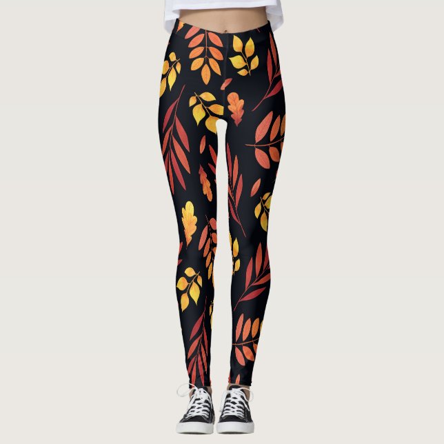 Colourful Autumn Leaves Watercolor Pattern Leggings (Front)