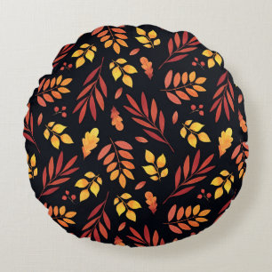 Colourful Autumn Leaves Watercolor Pattern Round Cushion