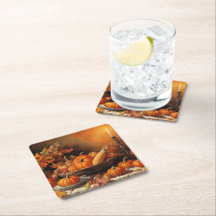 Colourful Autumn Pumpkins Square Paper Coaster