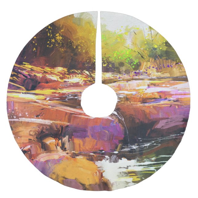 Colourful autumn river, landscape painting. brushed polyester tree skirt (Front)