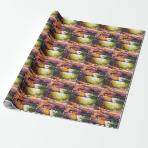Colourful autumn river, landscape painting. wrapping paper