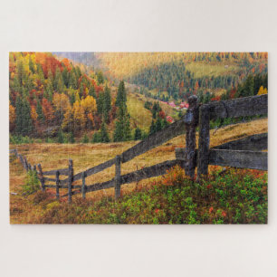 Colourful Autumn Scene With Fence In Transylvania Jigsaw Puzzle
