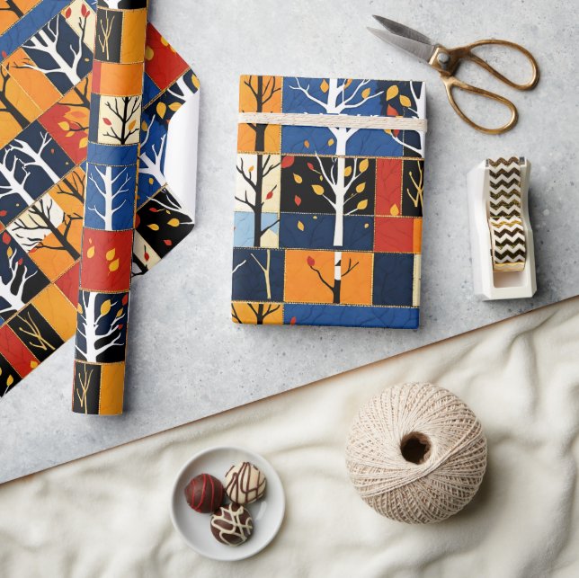 Colourful Autumn Tree Patchwork Pattern Wrapping Paper (Crafts)