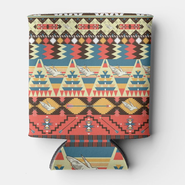 Colourful Aztec: birds, flowers pattern. Can Cooler (Front)